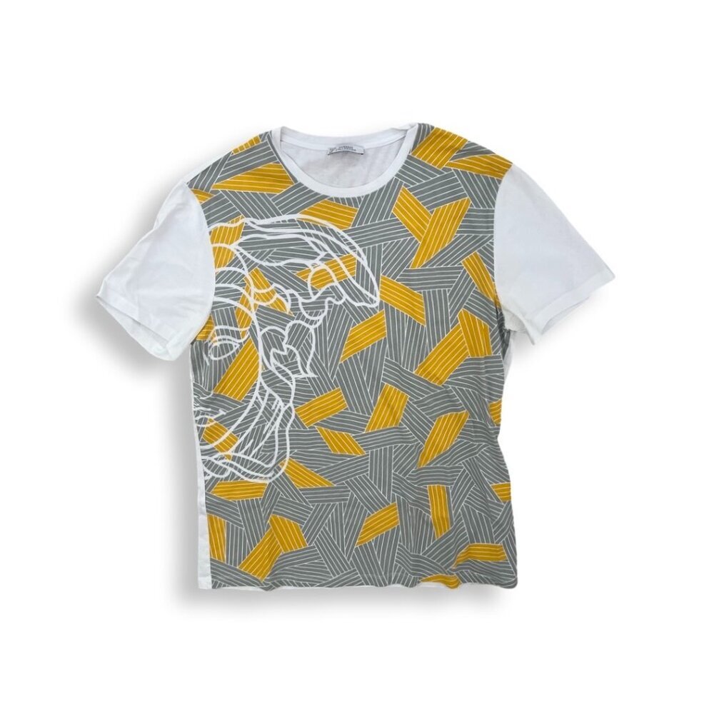 Versace Collection abstract print gray yellow logo tee shirt size XL